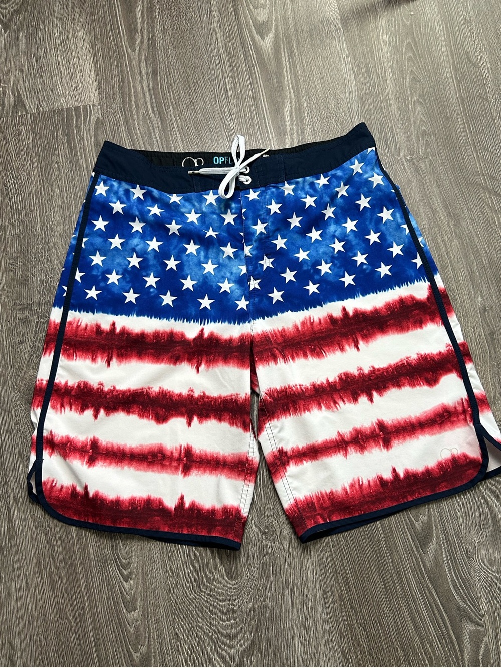 OP Men's flex 4 way stretch Stars & Stripes Swim Board Shorts - Red White Blue